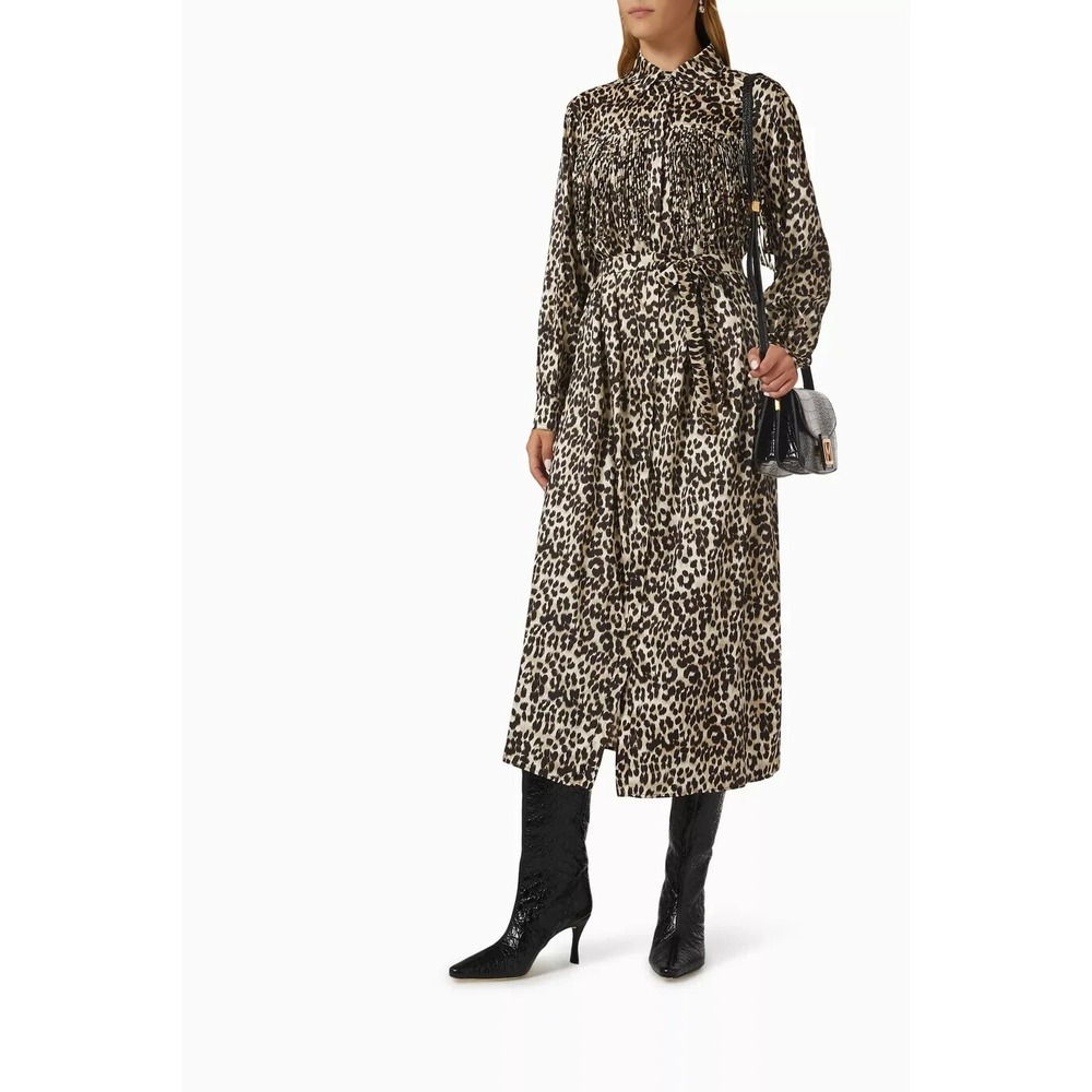 MARELLA Elery Fringed Midi Shirt Dress Long Sleeve Leopard Animal Print Sz 8